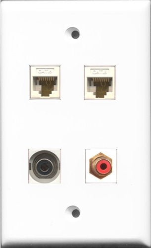 RiteAV 1 Port RCA Red and 1 Port 3.5mm 2 Port Cat6 Ethernet White Wall Plate