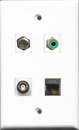 RiteAV 1 Port RCA Green and 1 Port Coax Cable TV- F-Type and 1 Port Shielded Cat6 Ethernet and 1 Port BNC Wall Plate