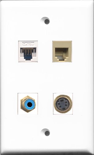 RiteAV 1 Port RCA Blue and 1 Port Phone RJ11 RJ12 Beige and 1 Port S-Video and 1 Port Cat5e Ethernet White Wall Plate