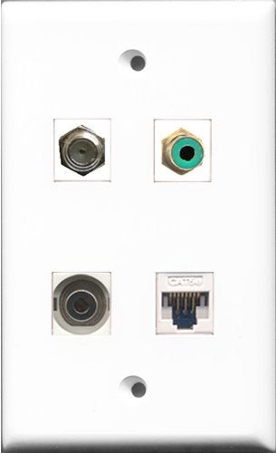 RiteAV 1 Port RCA Green and 1 Port Coax Cable TV- F-Type and 1 Port 3.5mm and 1 Port Cat5e Ethernet White Wall Plate