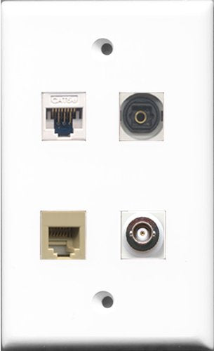 RiteAV 1 Port Phone RJ11 RJ12 Beige and 1 Port Toslink and 1 Port BNC and 1 Port Cat5e Ethernet White Wall Plate