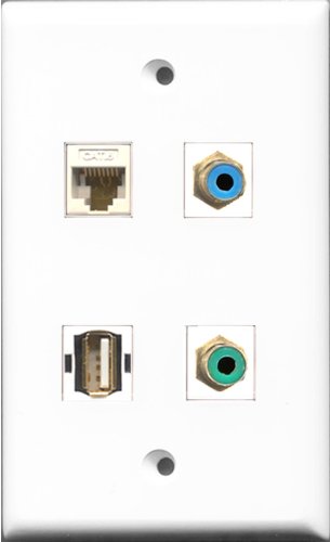 RiteAV 1 Port RCA Green and 1 Port RCA Blue and 1 Port USB A-A and 1 Port Cat6 Ethernet White Wall Plate
