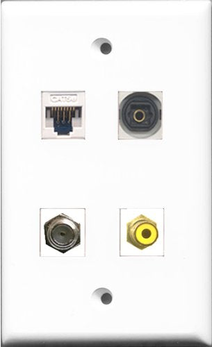 RiteAV 1 Port RCA Yellow and 1 Port Coax Cable TV- F-Type and 1 Port Toslink and 1 Port Cat5e Ethernet White Wall Plate