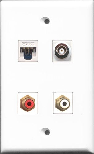 RiteAV - 1 Port RCA Red and 1 Port RCA White and 1 Port BNC and 1 Port Cat5e Ethernet White Wall Plate