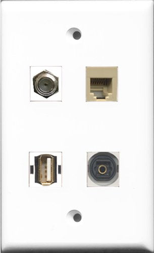 RiteAV 1 Port Coax Cable TV- F-Type and 1 Port USB A-A and 1 Port Phone RJ11 RJ12 Beige and 1 Port Toslink Wall Plate