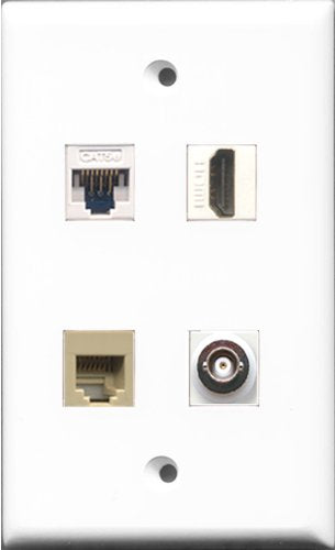RiteAV - 1 Port HDMI and 1 Port Phone RJ11 RJ12 Beige and 1 Port BNC and 1 Port Cat5e Ethernet White Wall Plate