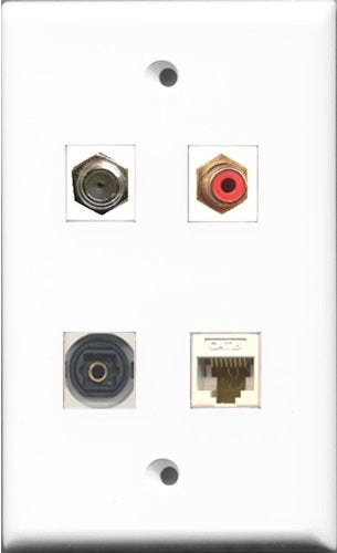 RiteAV 1 Port RCA Red and 1 Port Coax Cable TV- F-Type and 1 Port Toslink and 1 Port Cat6 Ethernet White Wall Plate