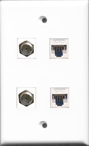 RiteAV - 2 Port Coax Cable TV- F-Type 2 Port Cat5e Ethernet White Wall Plate