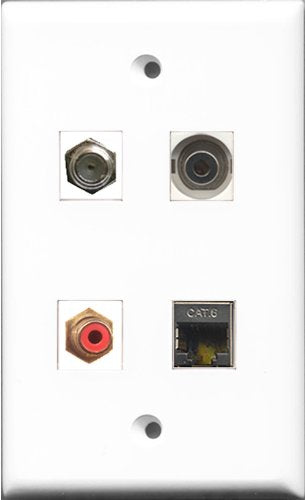 RiteAV 1 Port RCA Red and 1 Port Coax Cable TV- F-Type and 1 Port Shielded Cat6 Ethernet and 1 Port 3.5mm Wall Plate