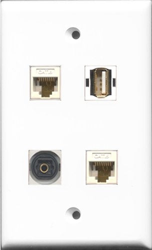 RiteAV 1 Port USB A-A and 1 Port Toslink 2 Port Cat6 Ethernet White Wall Plate