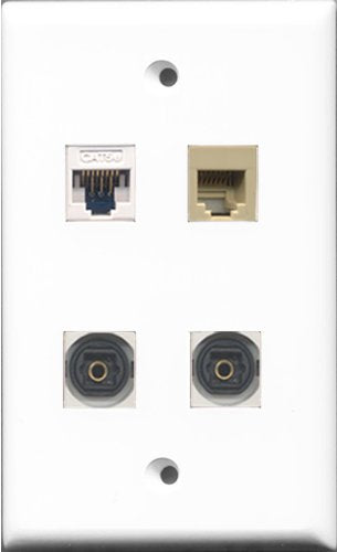 RiteAV 1 Port Phone RJ11 RJ12 Beige 2 Port Toslink and 1 Port Cat5e Ethernet White Wall Plate