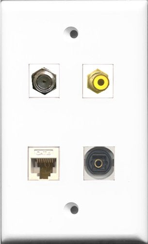 RiteAV 1 Port RCA Yellow and 1 Port Coax Cable TV- F-Type and 1 Port Toslink and 1 Port Cat6 Ethernet White Wall Plate