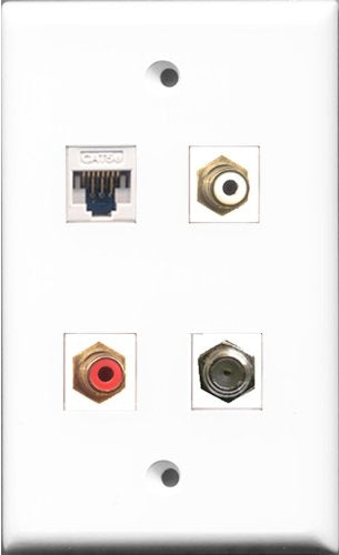RiteAV 1 Port RCA Red and 1 Port RCA White and 1 Port Coax Cable TV- F-Type and 1 Port Cat5e Ethernet White Wall Plate