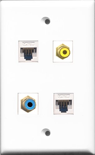 RiteAV 1 Port RCA Yellow and 1 Port RCA Blue 2 Port Cat5e Ethernet White Wall Plate