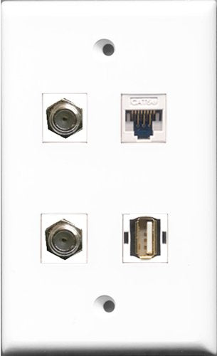 RiteAV - 2 Port Coax Cable TV- F-Type and 1 Port USB A-A and 1 Port Cat5e Ethernet White Wall Plate