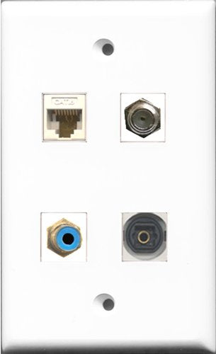 RiteAV 1 Port RCA Blue and 1 Port Coax Cable TV- F-Type and 1 Port Toslink and 1 Port Cat6 Ethernet White Wall Plate