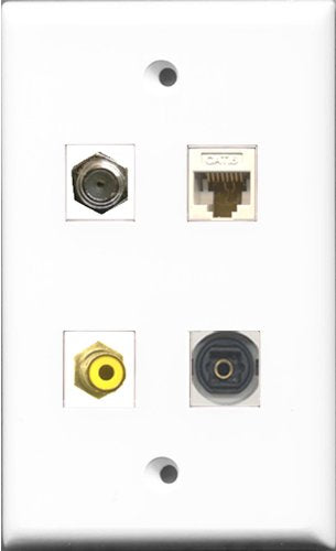 RiteAV 1 Port RCA Yellow and 1 Port Coax Cable TV- F-Type and 1 Port Toslink and 1 Port Cat6 Ethernet White Wall Plate
