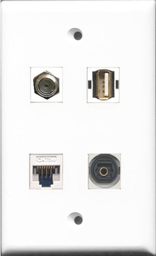 RiteAV 1 Port Coax Cable TV- F-Type and 1 Port USB A-A and 1 Port Toslink and 1 Port Cat5e Ethernet White Wall Plate