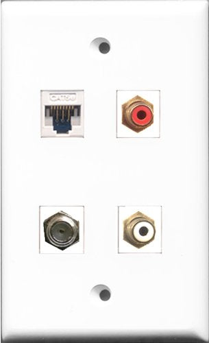 RiteAV 1 Port RCA Red and 1 Port RCA White and 1 Port Coax Cable TV- F-Type and 1 Port Cat5e Ethernet White Wall Plate