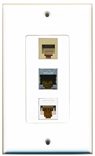 RiteAV - 1 Port Phone RJ11 RJ12 Beige and 1 Port Shielded Cat6 Ethernet and 1 Port Cat6 Ethernet White Decorative Wall Plate Decorative