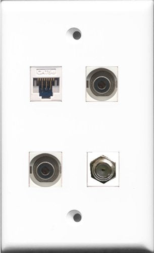 RiteAV - 1 Port Coax Cable TV- F-Type 2 Port 3.5mm and 1 Port Cat5e Ethernet White Wall Plate