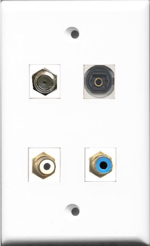RiteAV 1 Port RCA White and 1 Port RCA Blue and 1 Port Coax Cable TV- F-Type and 1 Port Toslink Wall Plate