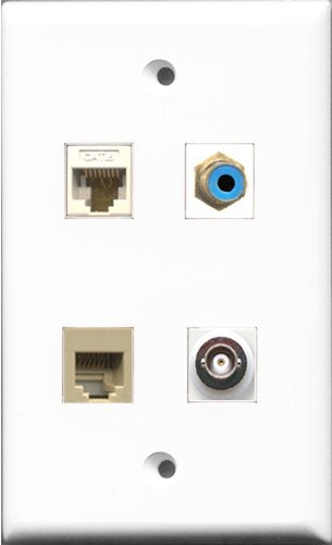 RiteAV 1 Port RCA Blue and 1 Port Phone RJ11 RJ12 Beige and 1 Port BNC and 1 Port Cat6 Ethernet White Wall Plate