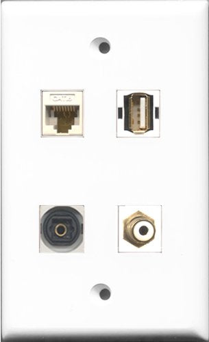 RiteAV 1 Port RCA White and 1 Port USB A-A and 1 Port Toslink and 1 Port Cat6 Ethernet White Wall Plate