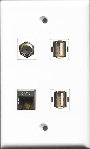 RiteAV 1 Port Coax Cable TV- F-Type 2 Port USB A-A and 1 Port Shielded Cat6 Ethernet Wall Plate