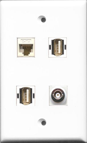 RiteAV - 2 Port USB A-A and 1 Port BNC and 1 Port Cat6 Ethernet White Wall Plate