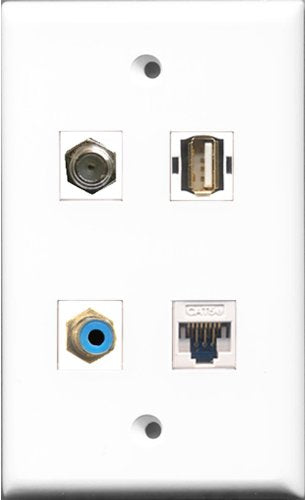 RiteAV 1 Port RCA Blue and 1 Port Coax Cable TV- F-Type and 1 Port USB A-A and 1 Port Cat5e Ethernet White Wall Plate