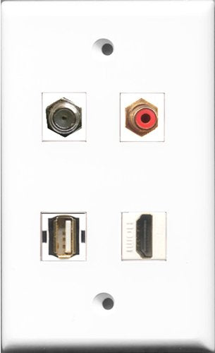 RiteAV 1 Port HDMI and 1 Port RCA Red and 1 Port Coax Cable TV- F-Type and 1 Port Shielded Cat6 Ethernet Wall Plate