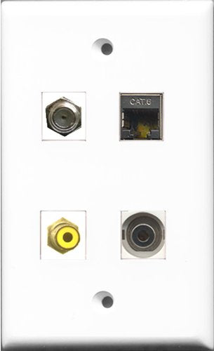 RiteAV 1 Port RCA Yellow and 1 Port Coax Cable TV- F-Type and 1 Port Shielded Cat6 Ethernet and 1 Port 3.5mm Wall Plate