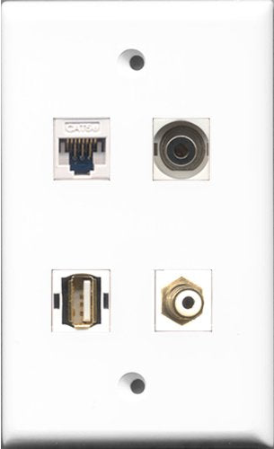 RiteAV - 1 Port RCA White and 1 Port USB A-A and 1 Port 3.5mm and 1 Port Cat5e Ethernet White Wall Plate