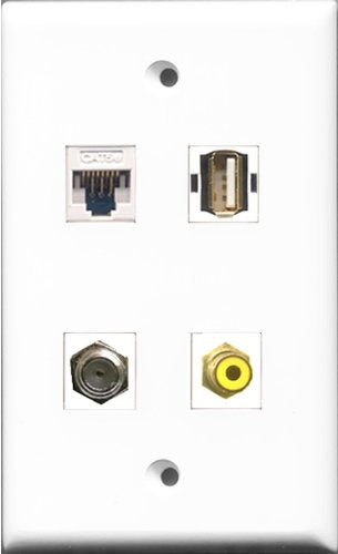 RiteAV 1 Port RCA Yellow and 1 Port Coax Cable TV- F-Type and 1 Port USB A-A and 1 Port Cat5e Ethernet White Wall Plate