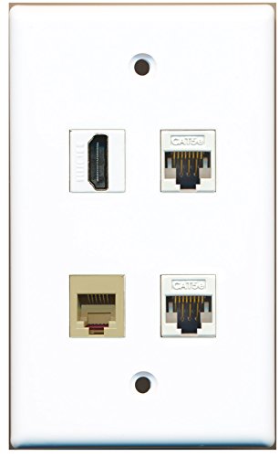 RiteAV - 1 Port HDMI 1 Port Phone RJ11 RJ12 Beige 2 Port Cat5e Ethernet White Wall Plate