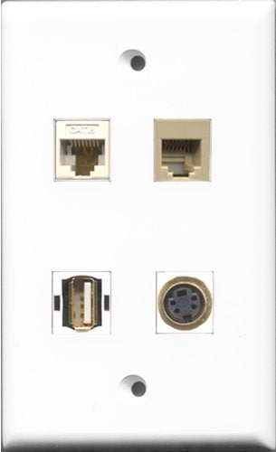 RiteAV 1 Port USB A-A and 1 Port Phone RJ11 RJ12 Beige and 1 Port S-Video and 1 Port Cat6 Ethernet White Wall Plate