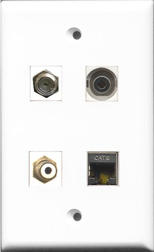 RiteAV 1 Port RCA White and 1 Port Coax Cable TV- F-Type and 1 Port Shielded Cat6 Ethernet and 1 Port 3.5mm Wall Plate