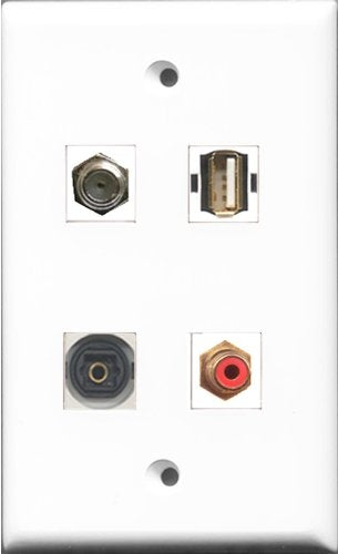 RiteAV 1 Port RCA Red and 1 Port Coax Cable TV- F-Type and 1 Port USB A-A and 1 Port Toslink Wall Plate