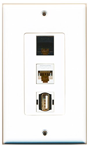 RiteAV - 1 Port USB A-A and 1 Port Cat6 Ethernet White and 1 Port Cat6 Ethernet Black Decorative Wall Plate Decorative