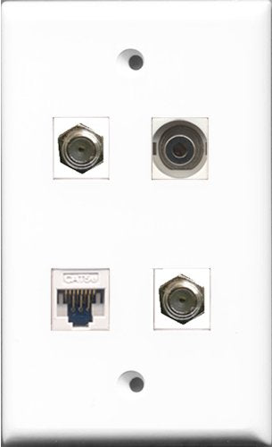 RiteAV - 2 Port Coax Cable TV- F-Type and 1 Port 3.5mm and 1 Port Cat5e Ethernet White Wall Plate