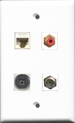 RiteAV 1 Port RCA Red and 1 Port Coax Cable TV- F-Type and 1 Port Toslink and 1 Port Cat6 Ethernet White Wall Plate
