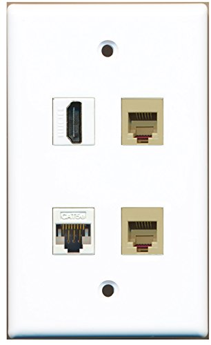 RiteAV - 1 Port HDMI 2 Port Phone RJ11 RJ12 Beige 1 Port Cat5e Ethernet White Wall Plate