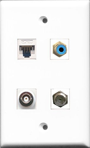 RiteAV 1 Port RCA Blue and 1 Port Coax Cable TV- F-Type and 1 Port BNC and 1 Port Cat5e Ethernet White Wall Plate