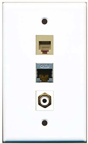 RiteAV - 1 Port RCA White and 1 Port Phone RJ11 RJ12 Beige and 1 Port Shielded Cat6 Ethernet Wall Plate