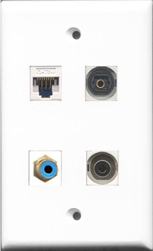 RiteAV 1 Port RCA Blue and 1 Port Toslink and 1 Port 3.5mm and 1 Port Cat5e Ethernet White Wall Plate