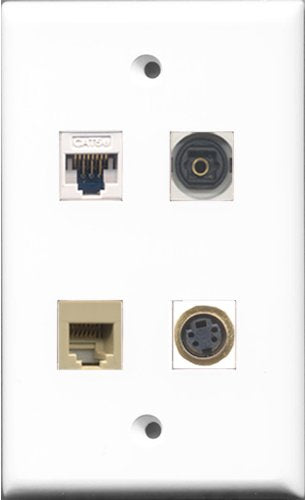 RiteAV 1 Port Phone RJ11 RJ12 Beige and 1 Port S-Video and 1 Port Toslink and 1 Port Cat5e Ethernet White Wall Plate