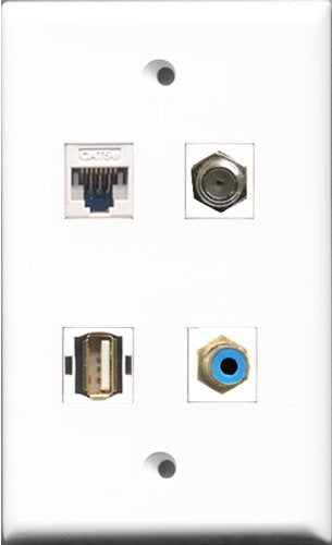 RiteAV - 1 Port RCA Blue and 1 Port Coax Cable TV- F-Type and 1 Port USB A-A and 1 Port Cat5e Ethernet White Wall Plate