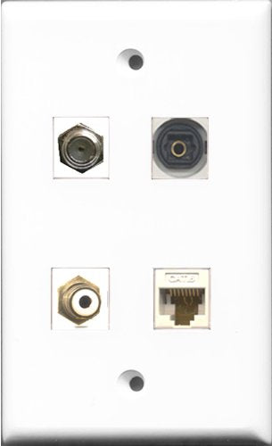 RiteAV 1 Port RCA White and 1 Port Coax Cable TV- F-Type and 1 Port Toslink and 1 Port Cat6 Ethernet White Wall Plate
