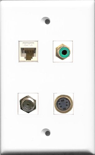 RiteAV 1 Port RCA Green and 1 Port Coax Cable TV- F-Type and 1 Port S-Video and 1 Port Cat6 Ethernet White Wall Plate